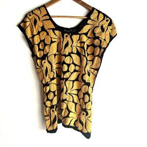 Vintage Fully Embroidered Black Mustard Green Summer Boho Top S
